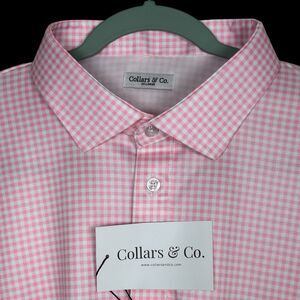 Collars & Co Polo Shirt Mens 3XL Pink Gingham Plaid Check Preppy Stretch Office